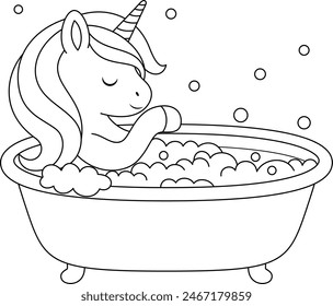 Cute kawaii unicorn is taking a bath coloring page for kids. Animal outline doodle colouring page isolated on white background. Wild animal coloring book for kids 