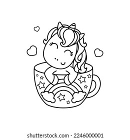 Cute kawaii unicorn in a tea cup. Black and white linear image. Doodle style. For the design of coloring books, prints, posters, cards, stickers and so on. Vector