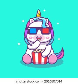 Cute kawaii unicorn watching movies and eating popcorn cartoon illustration