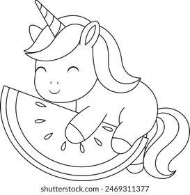 Cute kawaii unicorn and watermelon coloring page for kids. Animal outline doodle colouring page isolated on white background. Wild animal coloring book for kids