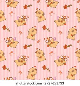 Cupido inconsútil lindo de Capybara del patrón de San Valentín de Kawaii con el Fondo de pantalla de la historieta de la flecha aislado en el fondo 