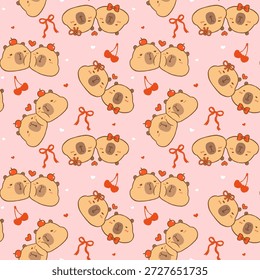 Lindo Kawaii Valentine Seamless Patrón Capybaras Pareja juntos Fondo de pantalla de dibujos animados aislado en el fondo 