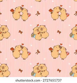 Lindo Kawaii Valentine Seamless Patrón Capybara pareja besando Fondo de pantalla de dibujos animados aislado en el fondo 