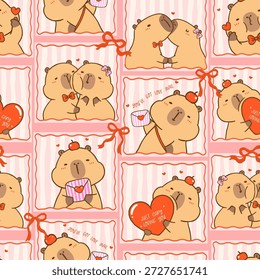 Cute Kawaii Valentine Seamless Pattern Capybara Frames Cartoon Wallpaper isolated on Background 