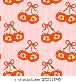 Caras del capibara del patrón inconsútil lindo de San Valentín de Kawaii en Fondo de pantalla de dibujos animados de las cerezas aislado en el fondo 