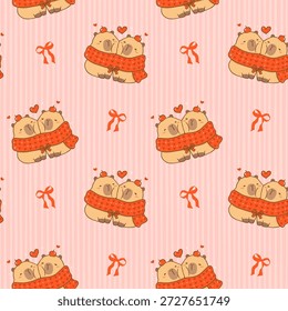 Bonito Kawaii Valentine sem emenda padrão Capybara casal no inverno Scarf Cartoon Papel de parede isolado no fundo 