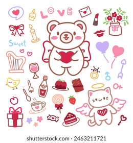 Cute kawaii valentine's day hand draw collection. Adorable love and romance Illustrations.