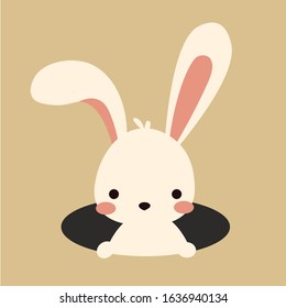 Cute kawaii vector easter bunny in hole, burrow