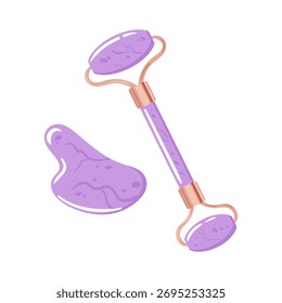 A cute kawaii vector of a gua sha scraper and roller, featuring soft pastel tones, friendly faces, and glossy accents for a friendly skincare vibe.