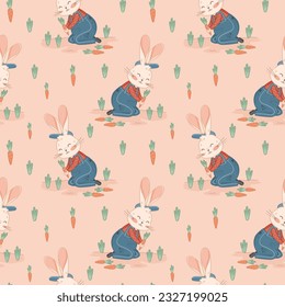 Cute and kawaii vector illustration of gardener rabbit, clipart, sticker, carrot, garden, kid, baby, childish, infant