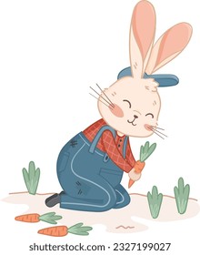 Ilustración portadora de kawaii y cutáneo de conejo de jardinero, clíparte, pegatina, zanahoria, jardín, niño, niño, niño, lactante