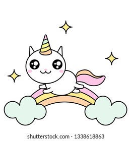 Cute kawaii vector illustration of happy cartoon rainbow cat unicorn running isolated on white.
