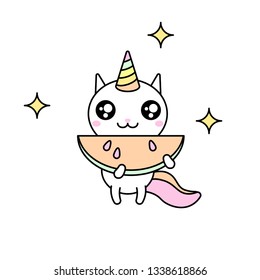 Cute kawaii vector illustration of happy cartoon rainbow cat unicorn with watermelon isolated on white.
