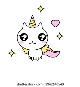 Cute kawaii vector illustration of happy cartoon rainbow cat unicorn with wings isolated on white.