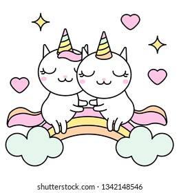 Cute kawaii vector illustration of happy cartoon cat unicorns sitting on rainbow together isolated on white.