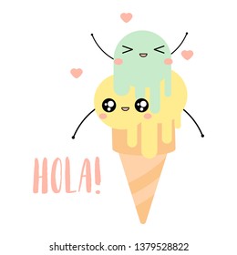 Cute kawaii vector illustration of happy cartoon icecream character isolated on white.