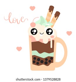 Cute Kawaii Vector Illustration Of Happy Cartoon Chocolate Milkshake Character Isolated On White.