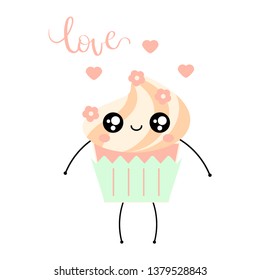 Cute kawaii vector illustration of happy cupcake crepe character isolated on white.