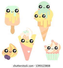 Cute kawaii vector illustration of happy cartoon cake dessert character isolated on white.