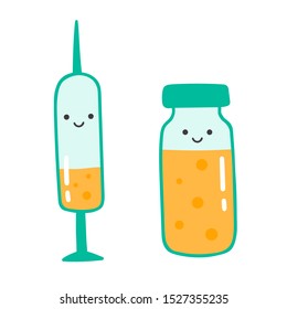 Cute kawaii vector illustration of medical vaccination. Health concept with syringe and bottle vaccine. Characters for design, promotion and children book. Flu shot isolated on white background