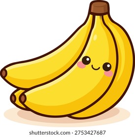 Cute kawaii vector illustration of a smiling banana bunch with adorable eyes and rosy cheeks. The ripe yellow bananas are drawn in a playful cartoon style with bold outlines and soft gradients. Isolated on a clean white background, this cheerful fruit character is perfect for kids design, nursery decor, stickers, packaging, and healthy lifestyle concepts.