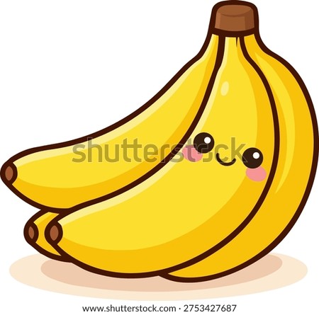 Cute kawaii vector illustration of a smiling banana bunch with adorable eyes and rosy cheeks. The ripe yellow bananas are drawn in a playful cartoon style with bold outlines and soft gradients. Isolated on a clean white background, this cheerful fruit character is perfect for kids design, nursery decor, stickers, packaging, and healthy lifestyle concepts.