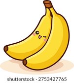 Cute kawaii vector illustration of two ripe yellow bananas with an adorable smiling face and rosy cheeks. The playful fruit character is drawn in cartoon style with bold outlines and soft gradient shading. Isolated on a clean white background, this cheerful banana design is perfect for kids products, food branding, stickers, and healthy lifestyle themes.