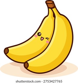Cute kawaii vector illustration of two ripe yellow bananas with an adorable smiling face and rosy cheeks. The playful fruit character is drawn in cartoon style with bold outlines and soft gradient shading. Isolated on a clean white background, this cheerful banana design is perfect for kids products, food branding, stickers, and healthy lifestyle themes.