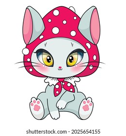 Cute kawaii vector kitten in a mushroom hat
