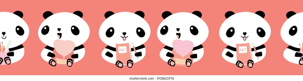 Cute Kawaii vector panda seamless border. Banner of black and white sitting cartoon bears holding backpacks and pencils on pink background . Fun character animal design for back to school concept