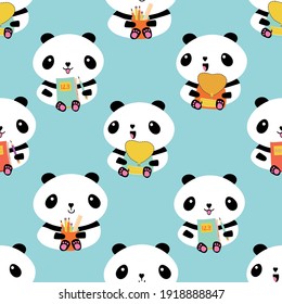 Cute Kawaii vector panda seamless pattern background. Sitting cartoon bears holding backpacks, notebooks, pencil holders pencils on blue backdrop. Fun character repeat for back to school concept
