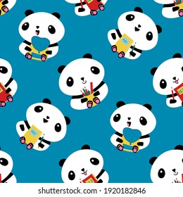 Cute Kawaii vector panda seamless pattern background. Sitting cartoon bears holding backpacks, notebooks, pencil holders pencils on blue backdrop. Fun character repeat for back to school concept