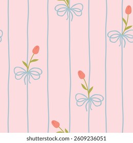 Cute kawaii vector seamless pattern with white tulip and bows on soft pastel background. Perfect for baby clothes, nursery decor, scrapbooking, wrapping paper, textile, stationery