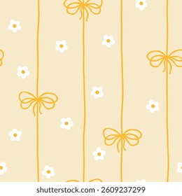 Cute kawaii vector seamless pattern with white daisies and bows on soft pastel background. Perfect for baby clothes, nursery decor, scrapbooking, wrapping paper, textile, stationery.