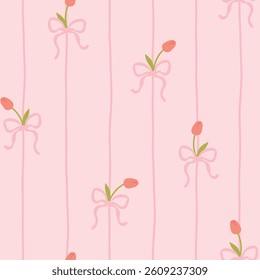 Cute kawaii vector seamless pattern with white tulip and pink bows on soft pastel background. Perfect for baby clothes, nursery decor, scrapbooking, wrapping paper, textile, stationery