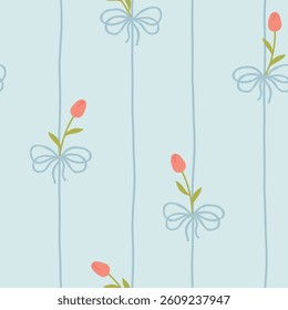 Cute kawaii vector seamless pattern with white tulip and bows on soft pastel background. Perfect for baby clothes, nursery decor, scrapbooking, wrapping paper, textile, stationery