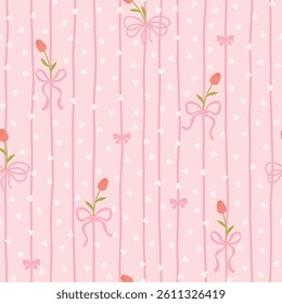 Cute kawaii vector seamless pattern with white tulip and pink bows on background of hearts in polka dots. Perfect for baby clothes, nursery decor, scrapbooking, wrapping paper, textile, stationery