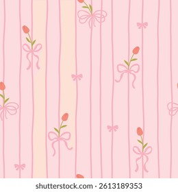 Cute kawaii vector seamless pattern with white tulip and pink bows on soft pastel background. Perfect for baby clothes, nursery decor, scrapbooking, wrapping paper, textile, stationery