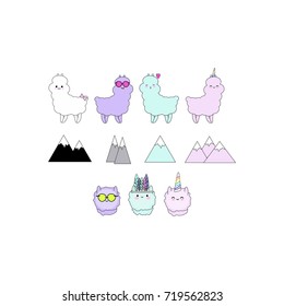 Cute kawaii vector set with alpacas; mountains and alpaca's funny faces. Perfect for stickers, patches, etc.