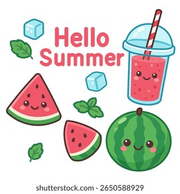 Cute kawaii vector set with "Hello Summer" text. Features a watermelon character, slices, a smoothie, ice, and mint. Isolated collection perfect for seasonal greetings and designs.