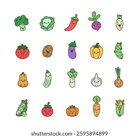 Cute kawaii vegetable character set with happy and smiling faces, perfect for healthy eating, farm market, organic food, fresh salad, cooking, and seasonal harvest illustrations