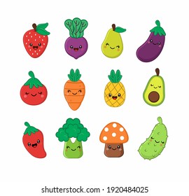 cute kawaii vegetable frit character cartoon set