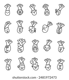 Cute kawaii vegetables leek. Coloring Page. Adorable cartoon food characters. Hand drawn style. Vector drawing. Collection of design elements.