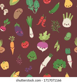 Cute kawaii vegetables mix with broccoli, carrot, tomato, pepper and onion, chili, eggplant, corn cartoon seamless pattern vector illustration. Vegans background with funny mix of veggies.