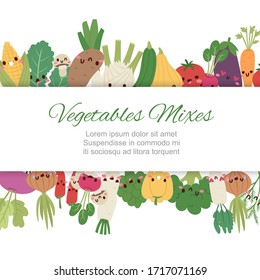 Cute kawaii vegetables mix with broccoli, carrot, tomato, pepper and onion, chili, eggplant, corn cartoon vector illustration. Vegans poster with funny mix of veggies.