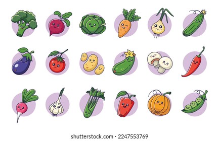 Cute kawaii vegetables set in cartoon style. Vegetables characters collection. Veggies icons, stickers, mascots.