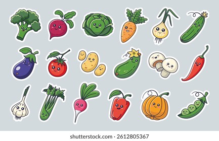 Cute kawaii vegetables stickers set in cartoon style. Vegetables characters collection. Veggies icons, stickers, mascots.
