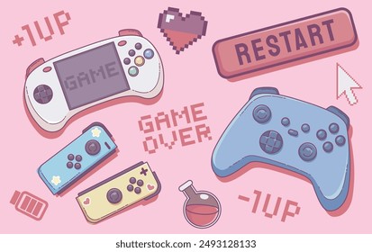 Cute kawaii video gamer girl retro vector set. 90s pixel print icon graphic. Y2k geek gamepad, joystick and gaming love aesthetic illustration collection. 2000s woman mobile console joy artwork