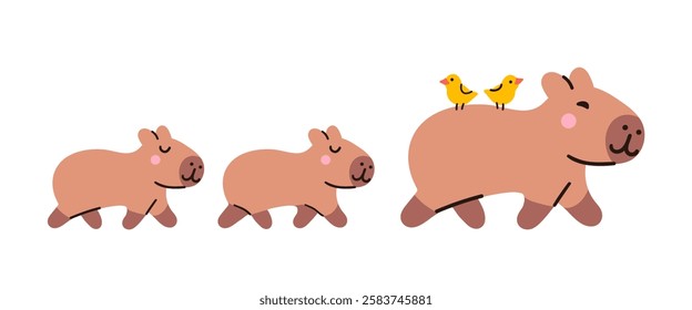 Cute kawaii walking capybaras with birds, isolated on white background. Funny sticker for the decoration of a card, poster, banner, diary. Vector illustration, simple flat design