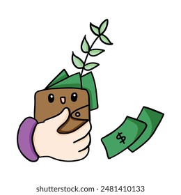 cute kawaii wallet and money investment illustration